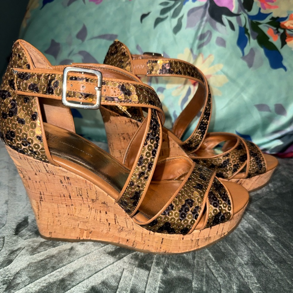 INC Sequins Leopard Print Wedge Sandals 8M